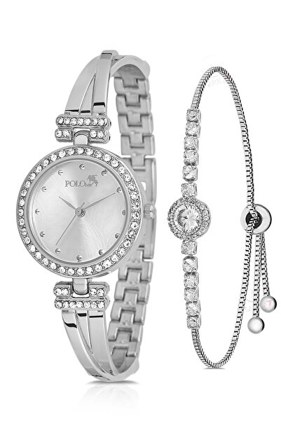 Polo Air Vintage Kadın Kol Saati Zirkon Taşlı Yuvarlak Bileklik Kombin Gümüş Renk PL-1534B2