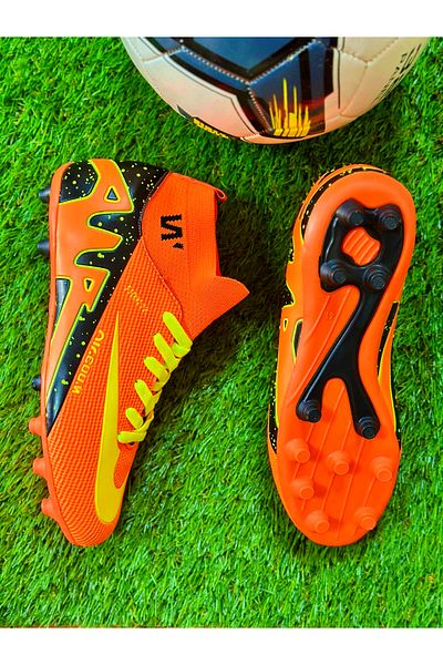 ClassyMen Boys' Gear Spiked Orange Crampon Carpet Field Football Sports Shoes with Flexible Throat Socks