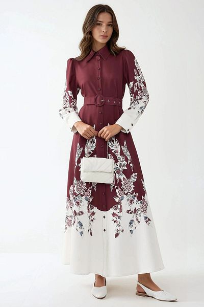 Hiccup Printed Long Sleeve Belted Modest Dress
