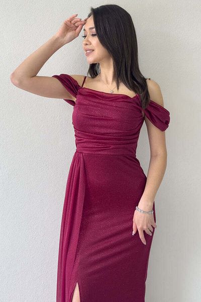 the ZKS Women's Strap Off Shoulder Slit Detail Evening Dress Dark Lilac, Navy Blue, Black, Burgundy