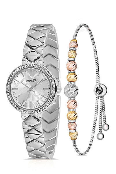 Polo Air Lüx Taşlı Baklava Desen Kadın Kol Saati Dorika Bileklik Kombin Gümüş...