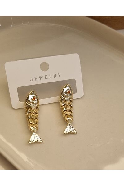 AKSESUARIM Stylish, Non-Staining. Design, Red Stone Eye Detail, Steel Antiallergic Fish Earring