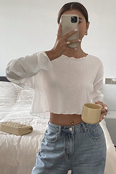 MODAGEN Bluză crop albă cu mâneci lungi și largi pentru femei