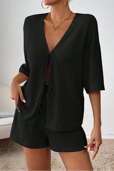 MODAGEN Women's Black Short Sleeve Tie-Up Waffle Bottom-Top Shorts Set