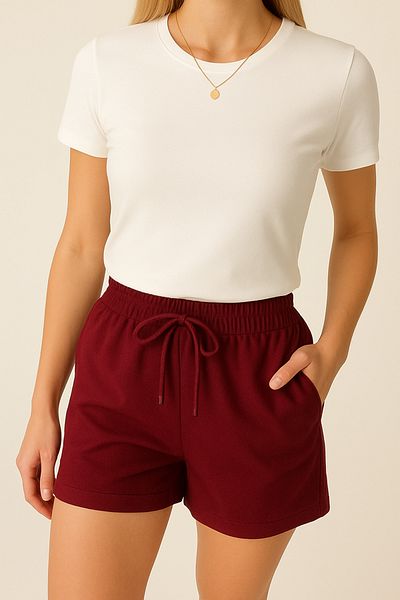 Alos Women's Burgundy Shorts Modal Fabric Lace-Up Double Pocket