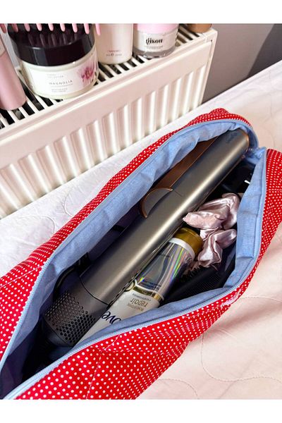 girlsybags حقيبة مكواة تجعيد الشعر باللون الأحمر منقطة متوافقة مع حقيبة السفر الكبيرة Airwrap Airstrait