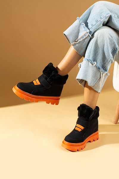 Pembe Potin Children's Black Orange Fur Lined Velcro Comfortable Sole Boots