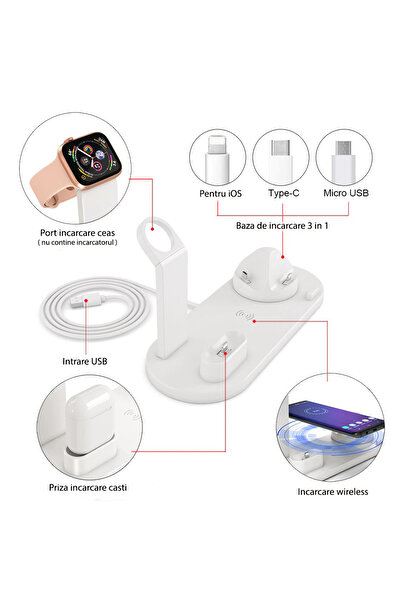 ZEQAS 4 in 1 Wireless Charger White 10W Phone, Smartwatch & Headphones