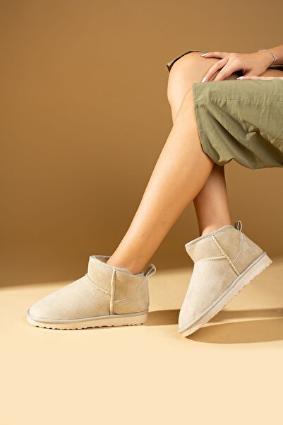 WMİLANO Kadın Mini Bej Nubuk Yarım Bot İçi Tüylü Düz Rahat Taban Kadın Ayakkabı