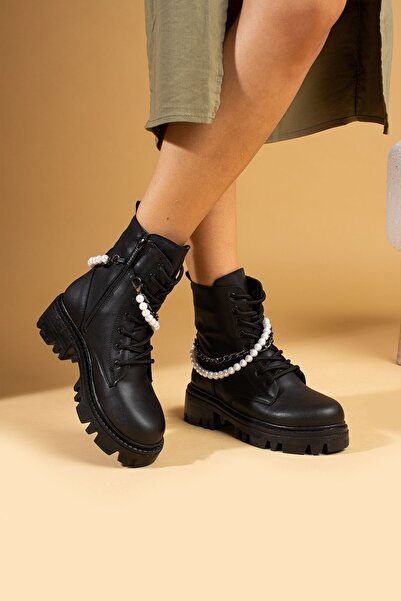 Pembe Potin Women's Black Poly Sole Zippered Pearl Daily Comfortable Molded Warm Lined Boots