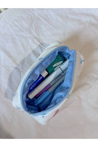 girlsybags White Blue Floral Single Eyed Pen Holder Washable Ribbon Lace Zippered School Pencil Case