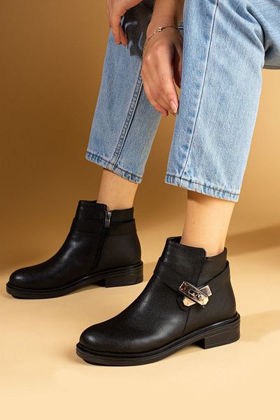 Pembe Potin Women's Black Poly Sole Zippered Buckle Daily Comfortable Warm Lined Boots