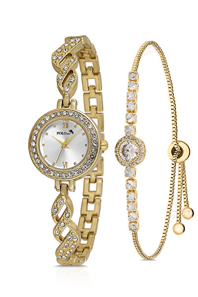 Polo Air Zarif Vintage Kadın Kol Saati Zirkon Taşlı Yuvarlak Bileklik Kombin Gold Renk PL-1538B1