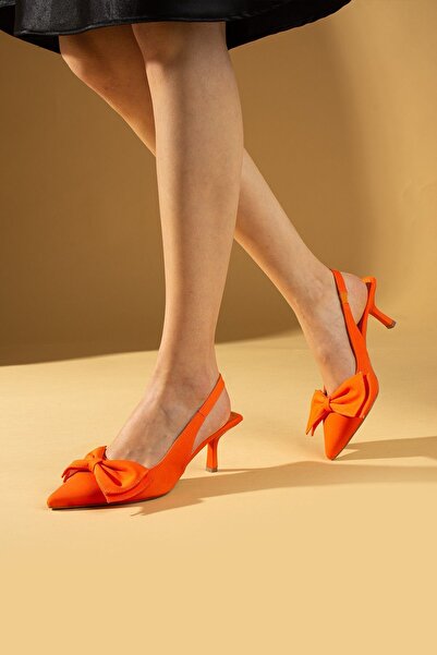 Pembe Potin Orange Satin Bow Back Strappy Low Heel Graduation Office Classic Heeled Shoes