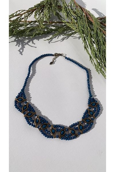 MISS GOLDEN Blue Crystal Stone Antique Yellow Accessories and Antique Yellow Decorated Bead Necklace Gift