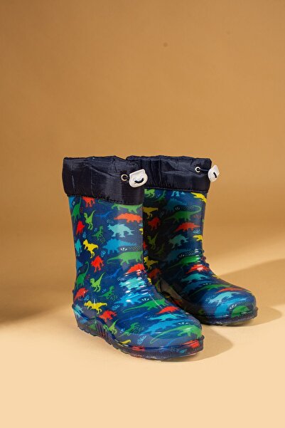 WMİLANO Unisex Lacivert Çocuk Dinozor Desenli Su Geçirmez Yağmur Çizmesi Bot