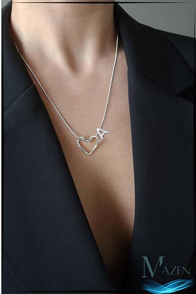 MAZEN Silver Color Heart Letter Detailed Necklace – Tarnish-Free Surgical Steel – Letter m