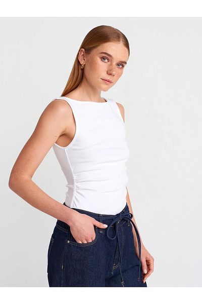 Dilvin 31589 Gathered Boat Neck Top-White