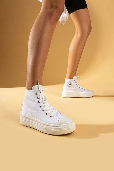 Pembe Potin Women's White Unisex High Sole Throat Convers Model Linen Sneaker Boots