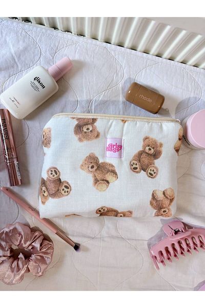 girlsybags Λευκή τσάντα μακιγιάζ με αρκουδάκι Τσάντα Portfolio Τσάντα Organizer Τσάντα Μεγάλο πορτοφόλι με φερμουάρ