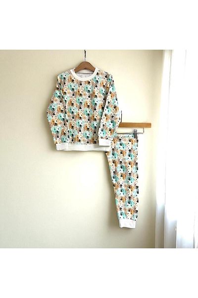 opheliateks Dog Patterned Pajama Set for Girls and Boys - Brown