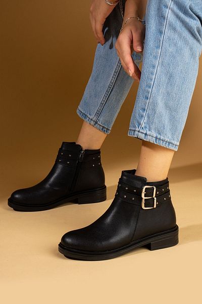 Pembe Potin Women's Black Poly Sole Zippered Buckle Daily Comfortable Warm Lined Boots