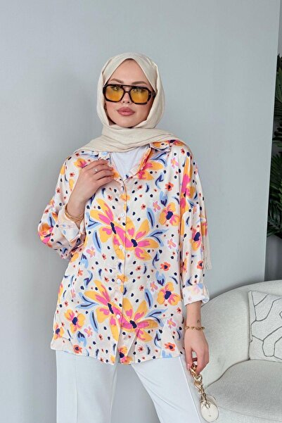 Hazamoda Πουκάμισο με σχέδιο σατέν μπεζ