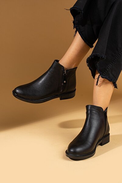 Pembe Potin Women's Black Poly Sole Zippered Daily Comfortable Molded Inner Warm Lined Boots