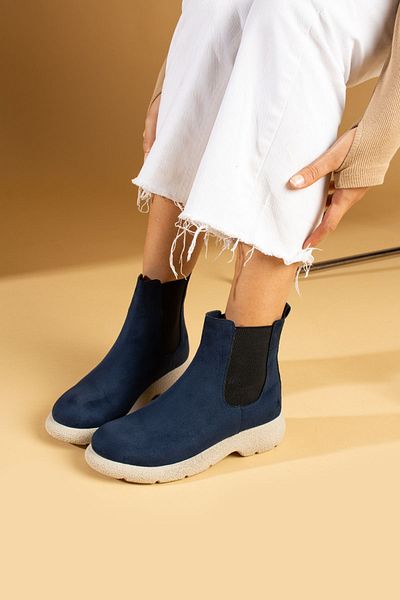 Pembe Potin Women's Navy Blue Suede Comfortable Thermo Sole Warm Lining Elastic Hashpapi Style Boots