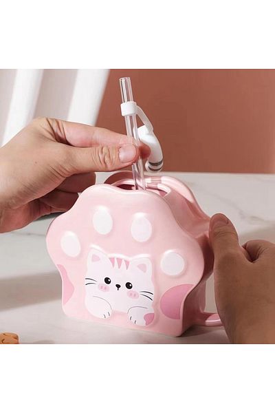 miraza Cat Pattern Mug, Ceramic, Straw Included, 450 ml
