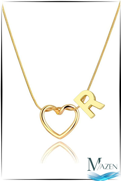 MAZEN Altın Renk Kalpli Harf Detaylı Kolye – Kararmaz Cerrahi Çelik – R Harfi