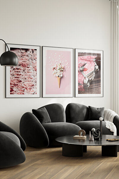 Home 3'lü Pembe Cadillac Estetik, Oturma Odası Dekoru, Salon Dekoru Canlı Yük...