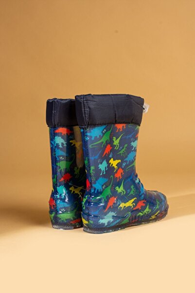 WMİLANO Unisex Lacivert Çocuk Dinozor Desenli Su Geçirmez Yağmur Çizmesi Bot
