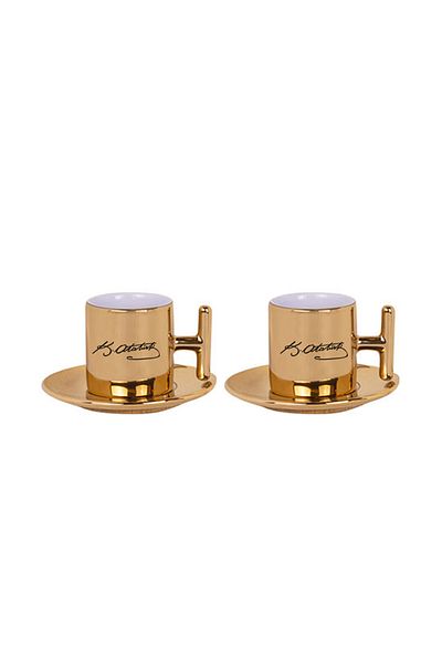 Magıl Ataturk Signature Printed Turkish Coffee Cup Set of 2 Gold Color t Handle