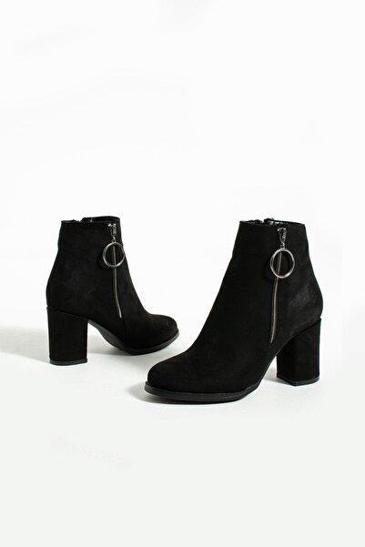 WMİLANO Kadın Siyah Süet Topuklu Fermuarlı Rahat Taban Günlük Kullanım Tokalı Klasik Bot