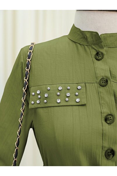 Modamorfo Φόρεμα με πέτρες στις τσέπες και δεμένη μέση με ελαστική μανίκια - Fat Green