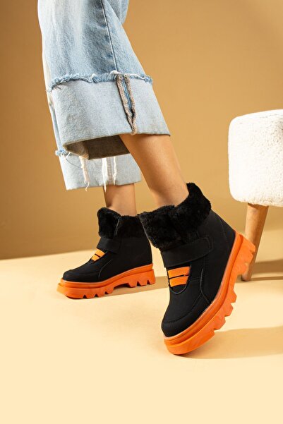 Pembe Potin Children's Black Orange Fur Lined Velcro Comfortable Sole Boots