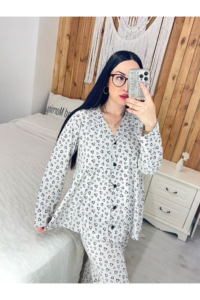 Pijamapartisi Combed Cotton Fabric with Faint Pink Heart Pattern on Gray Color before after Pajama Set