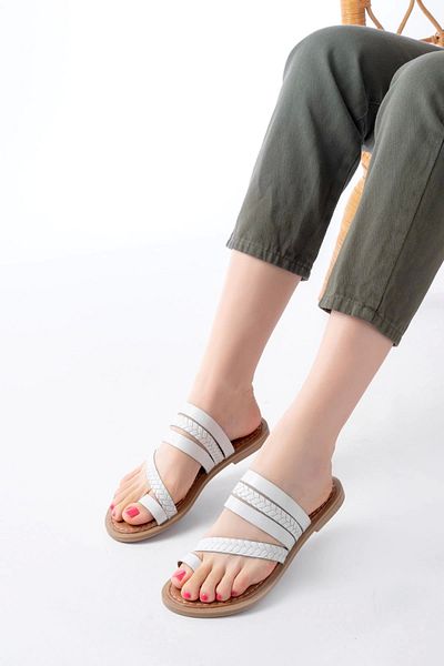 TB Terzi Bey 169-160 White Braided Orthopedic Sole Flip Flops Genuine Leather Women's Slippers