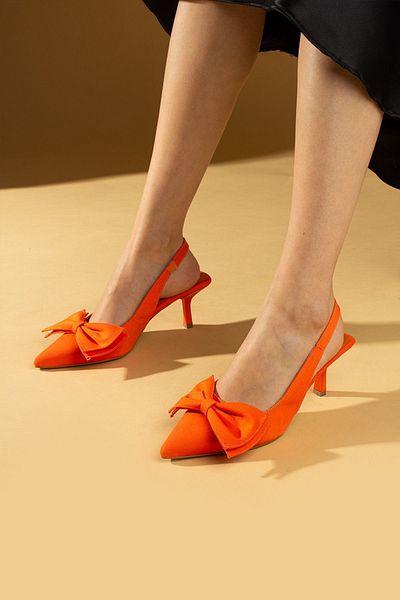 Pembe Potin Orange Satin Bow Back Strappy Low Heel Graduation Office Classic Heeled Shoes