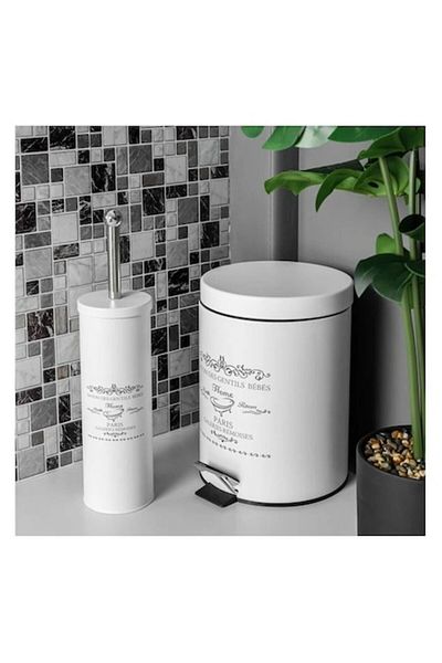 BREZIUM Set accesorii baie, Cos de gunoi metalic 5L/Perie WC, model inscriptionat, galeata detasabila, Alb