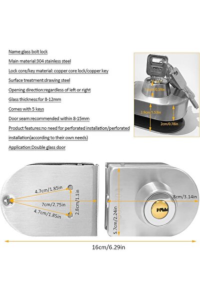 Generic Glass door lock Glass To Glass With 5 Keys Only Fit 8mm -12mm Thickness Glass Shower room bathroom l
