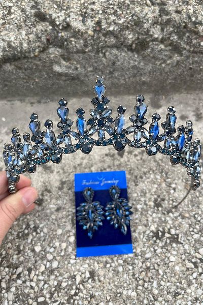 Hobigram Elvira Navy Blue Bridal Henna Crown Special Occasion Accessory Women's Crown and Thin Shuttle Earring Set