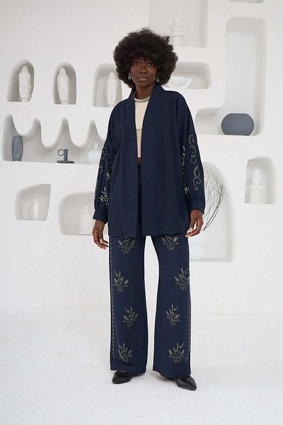 MİA NOURA Women's Kimono Back and Sleeves with Beadwork Pants Front with Beadwork Kimono Pants Set