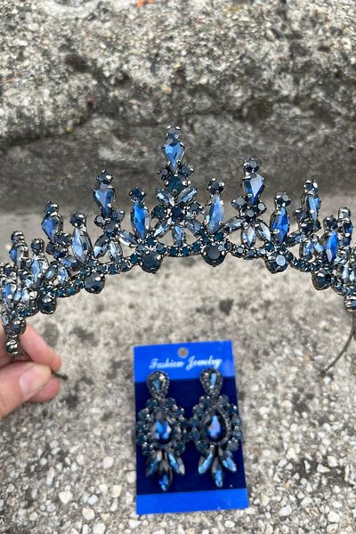 Hobigram Elvira Navy Blue Bridal Henna Crown Special Occasion Accessory Women's Crown and Three Shuttle Earrings Set