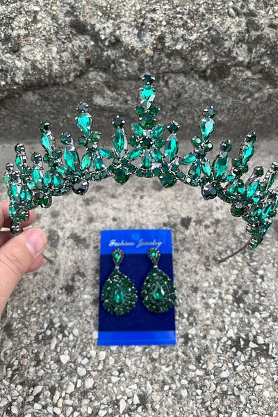 Hobigram Elvira Green Bridal Henna Crown Special Occasion Accessory Women's Crown and Drop Shuttle Earrings Set