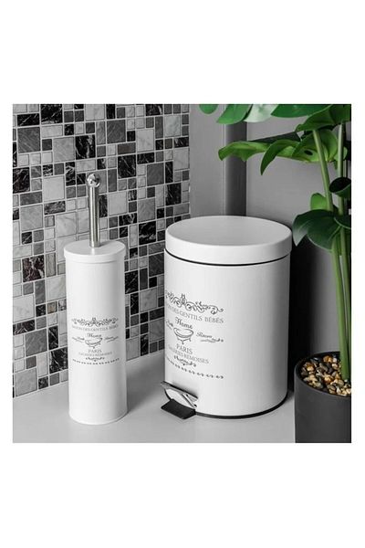 BREZIUM Set accesorii baie, Cos de gunoi metalic 5L/Perie WC, model inscriptionat, galeata detasabila, Alb