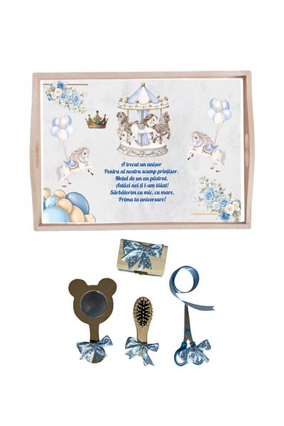 Botez Set tavita pentru taiere mot/turta – carusel- blue, 6 piese