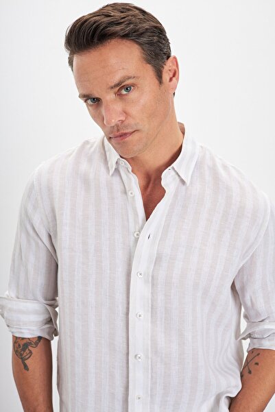 Paşahan Relax Fit Striped Bottom Collar 100% Linen Men's Shirt