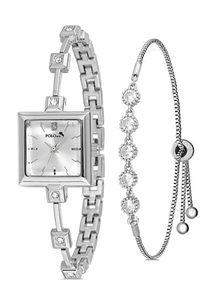 Polo Air Kare Kasa Taşlı Kordon Kadın Kol Saati Zirkon Taşlı 5 Taş Bileklik K...